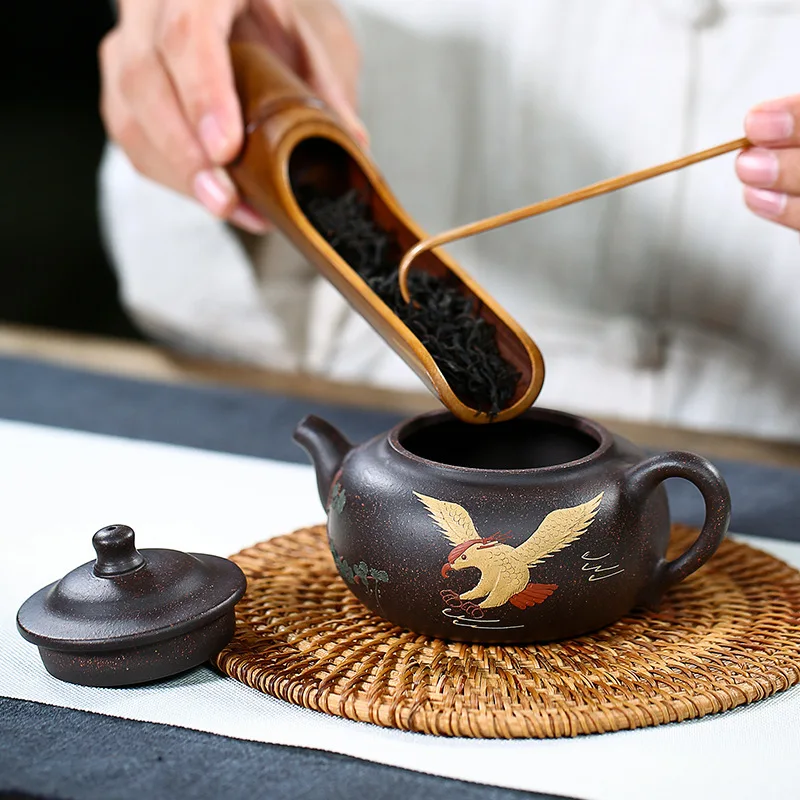 

Yixing Yixing Tea Set Raw Ore Black Gold Just Mud Painting Have A Bright Future Dark-red Enameled Pottery Teapot Gift
