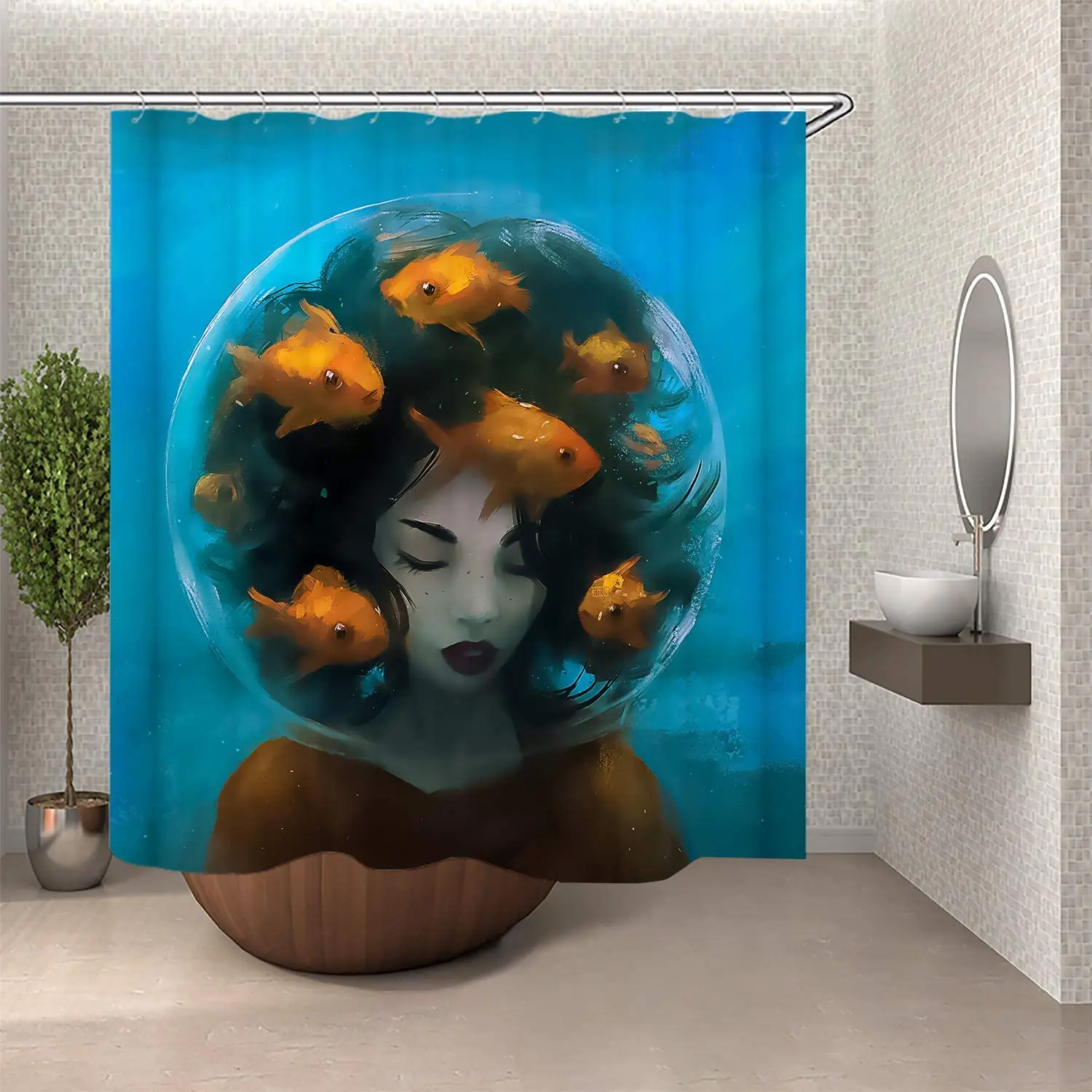 

Black Women Beauty Beautiful Women Face with Fish Bathroom Shower Curtain Set with Hooks for Home Decoration