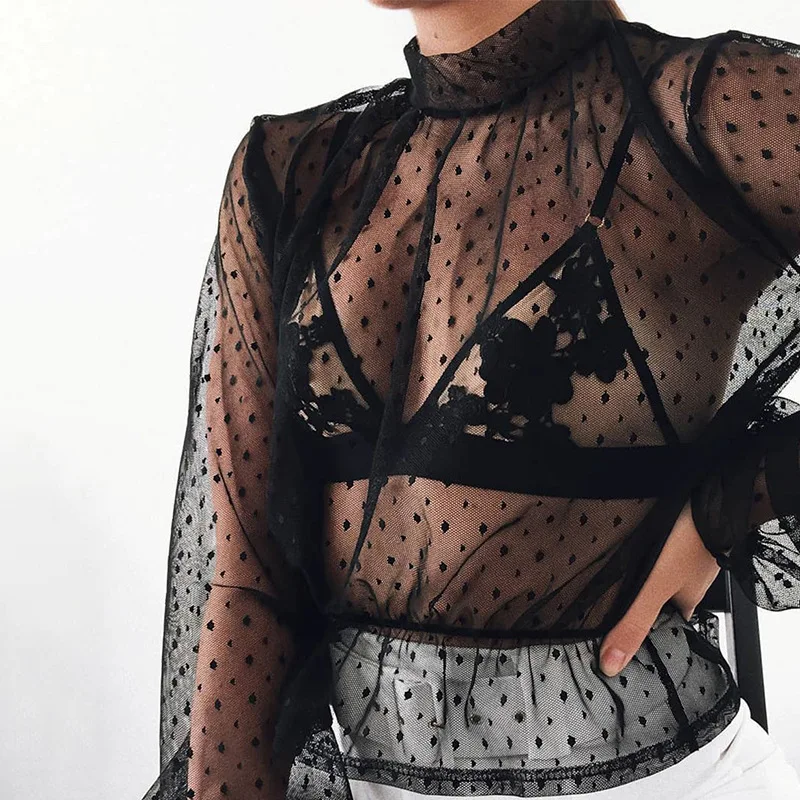 2019 футболка в горошек женская с круглым вырезом и длинными рукавами сексуальные