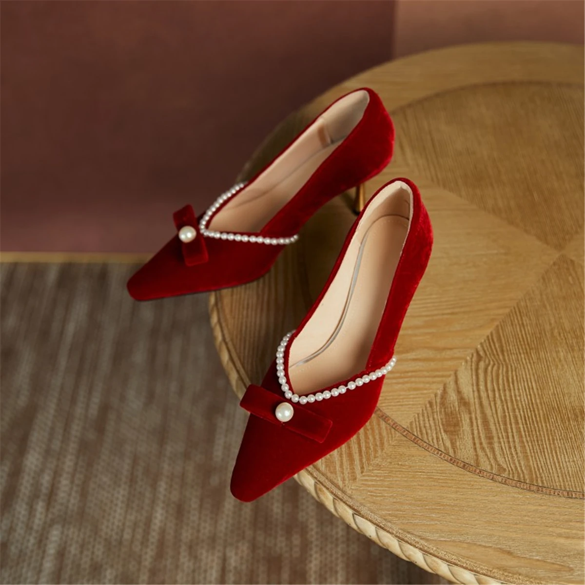 

kmeioo apring retro shoes for women pointed toe high heels sheepskin pumps elegant pearl dress prom stiletto thin heels
