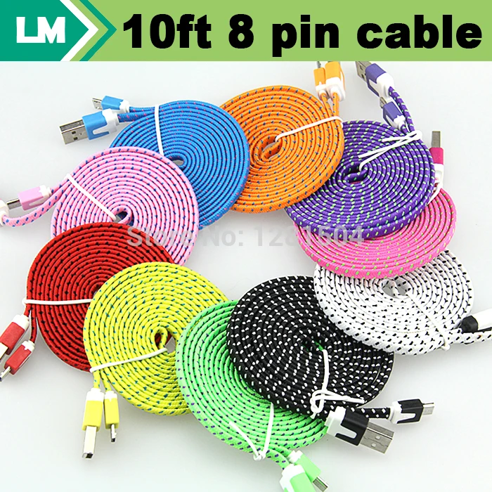 Прочный нейлоновый плетеный кабель 3 м/10 футов с 8 контактами USB для зарядки и