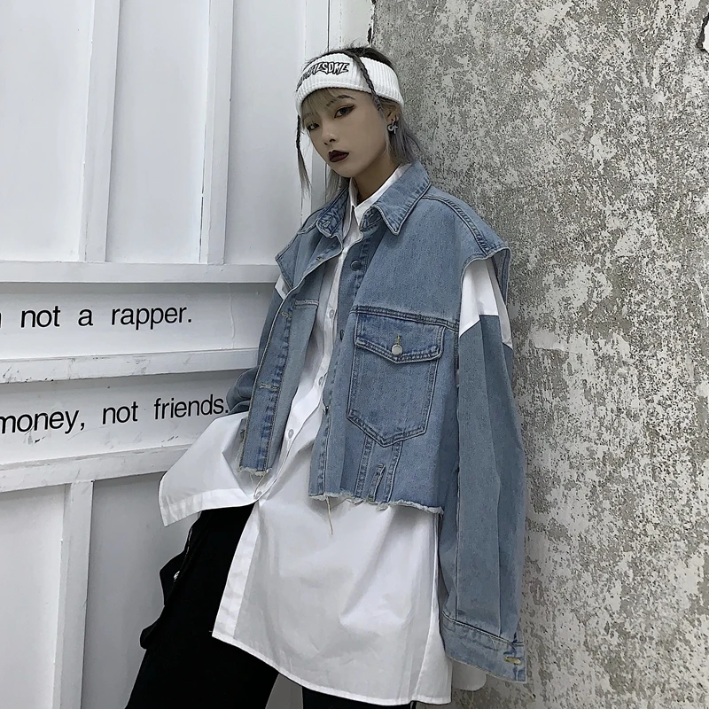 Harajpoo Women Waistcoat Retro Ins Spring Autumn 2021 Harajuku Jean Cropped Salt Jacket Men Casual Fashion Japanese Vest Lapel | Женская
