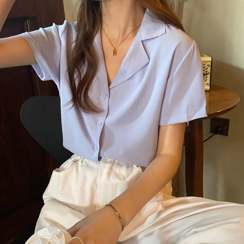 

2021 New Fashion Shirt Blue Short Sleeve Shirt Women's Design Sense Casual Chic Shirt