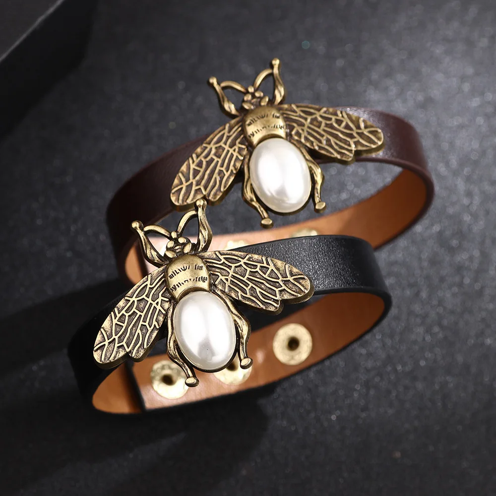 

Kirykle Bee Leather Bracelets For Women Retro Leather Pearl Bead Black Wrap Bracelet Wristband Bangle Bracelet Gift for Girls