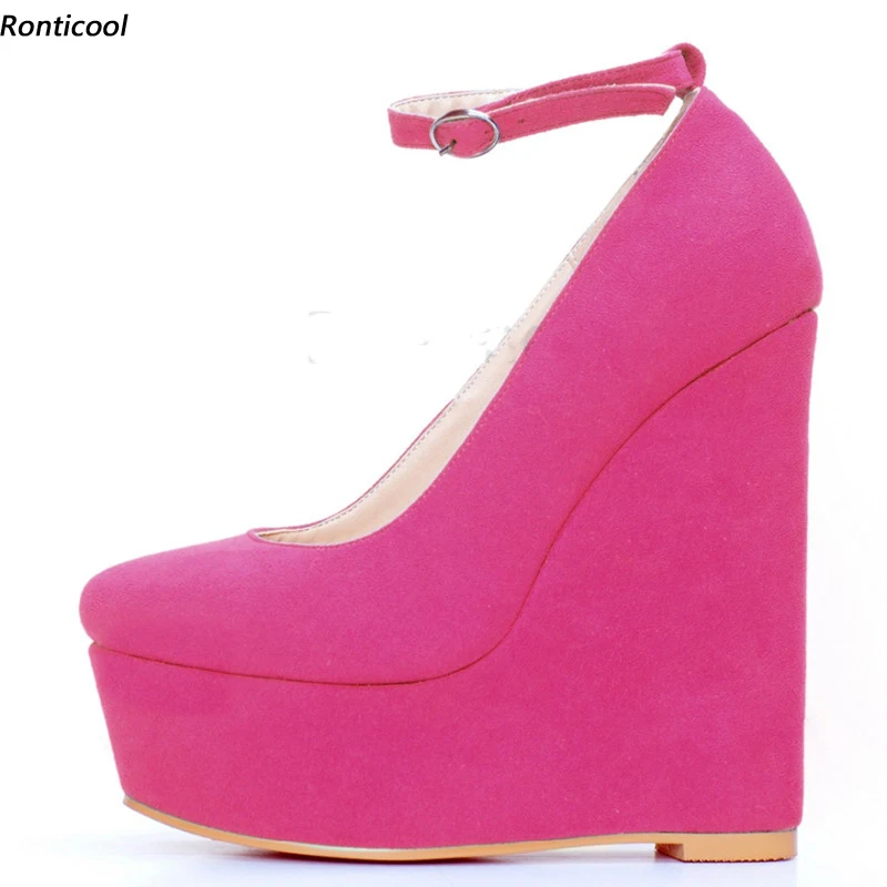 

Ronticool Handmade Women Pumps Ankle Strap Suede Wedges High Heels Round Toe Fuchsia Black Party Shoes Women US Plus Size 5-20