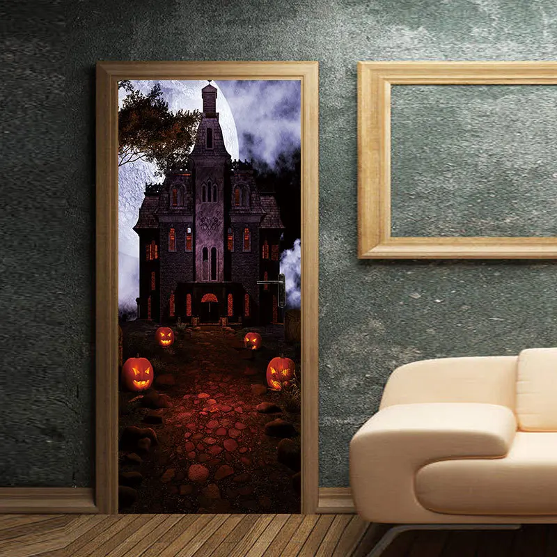 

Тыква черный замок Хэллоуин дверные наклейки Гостиная Кабинет Спальня дверь Декор Наклейка Настенная бумага роспись