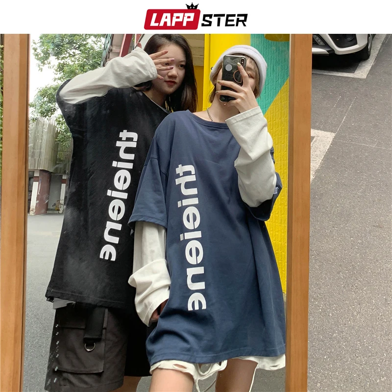 LAPPSTER/мужские уличные футболки с длинными рукавами в стиле Харадзюку г., осенняя корейская модная футболка в стиле хип-хоп топы оверсайз из двух предметов