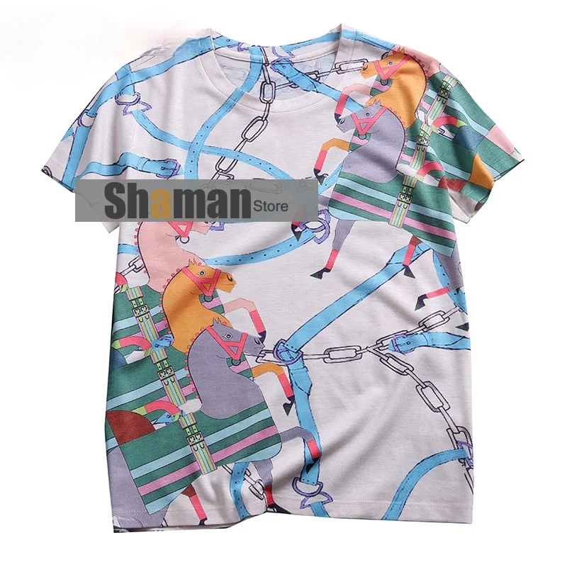 

Summer women European designer Classic Cartoon horse Print Women soft cotton shirt round Neck Short Sleeve Tops woman tshirts