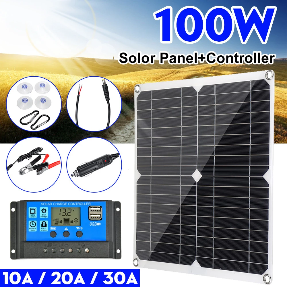 

100w Solar Panel Dual 12v/5v USB With 30A Controller Waterproof Solar Cells Poly Solar Cells for Car Yacht RV Battery Charger