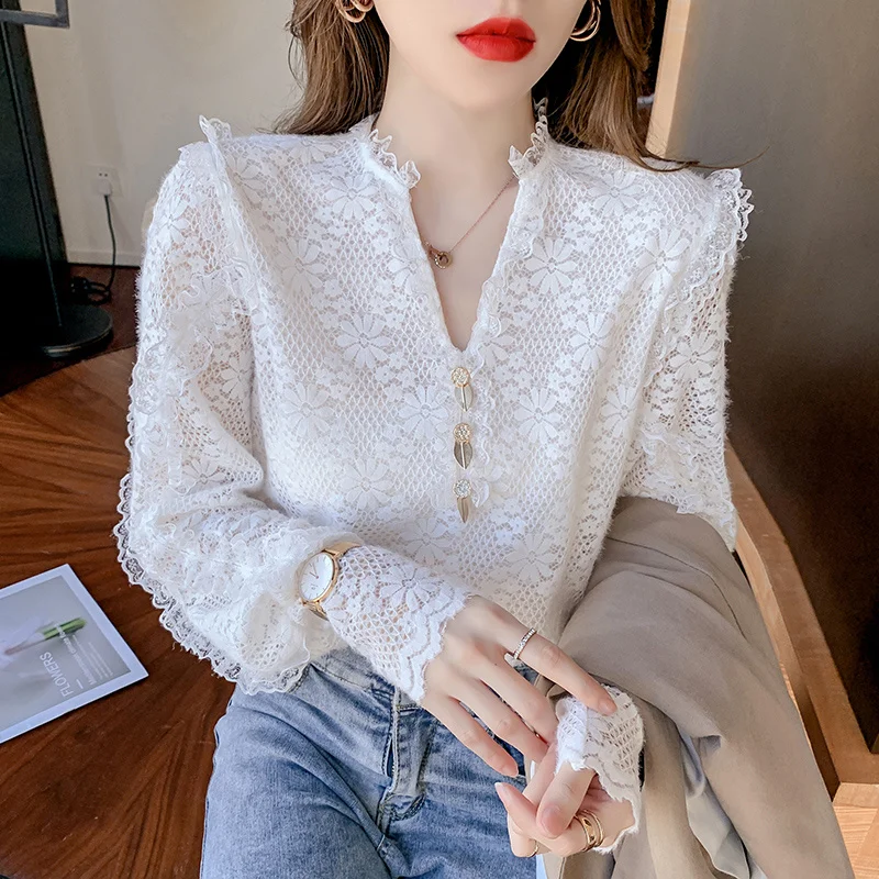 

Ruffle V-neck Lace Shirt Women's Spring and Autumn Style Mesh Bottoming Shirt Slim-Fit Long Sleeve TopRachel