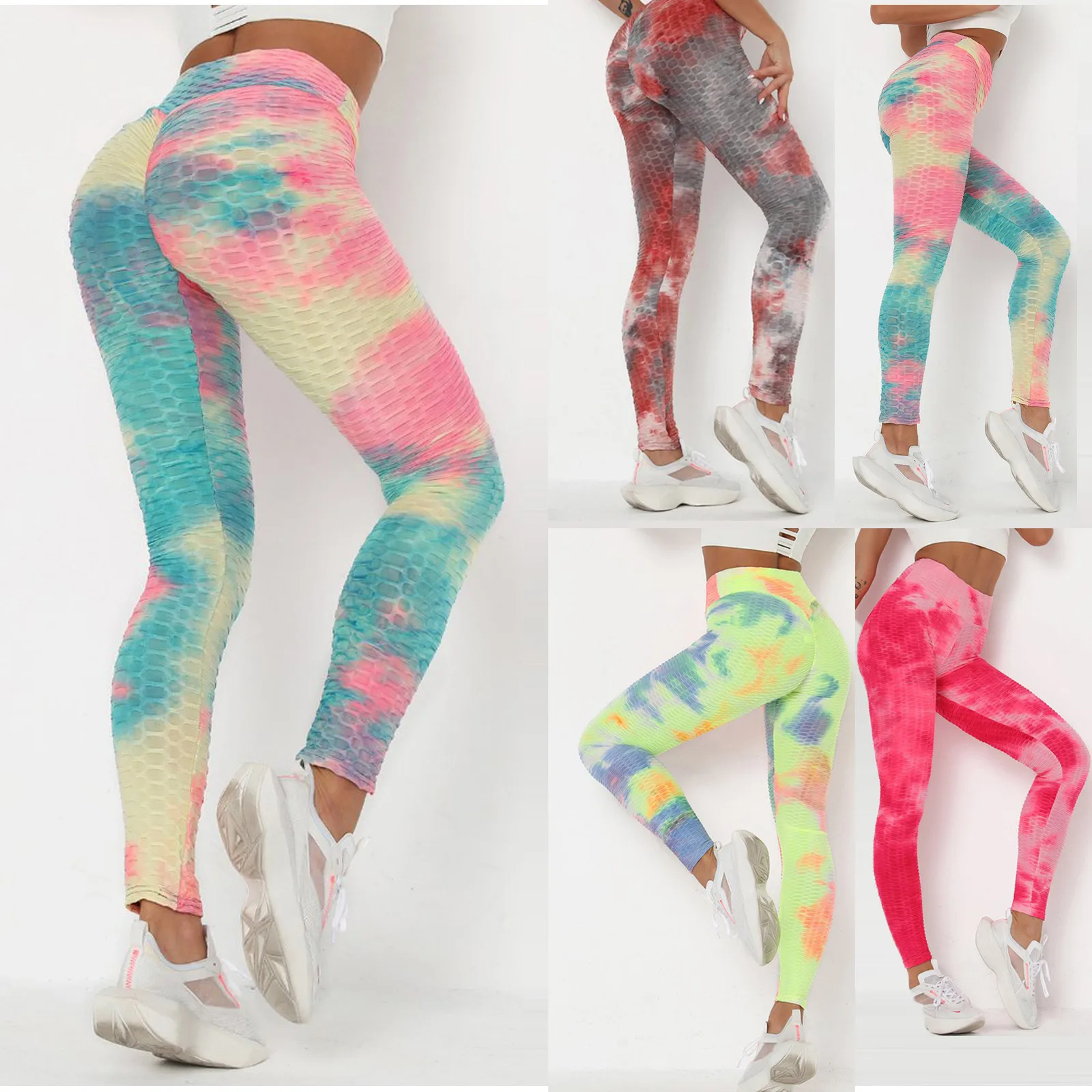 

Ladies Ink Tie-dye High Waist Yoga Pants Ankle-Length Peach Hips Stretch Fitness Sportswear A20
