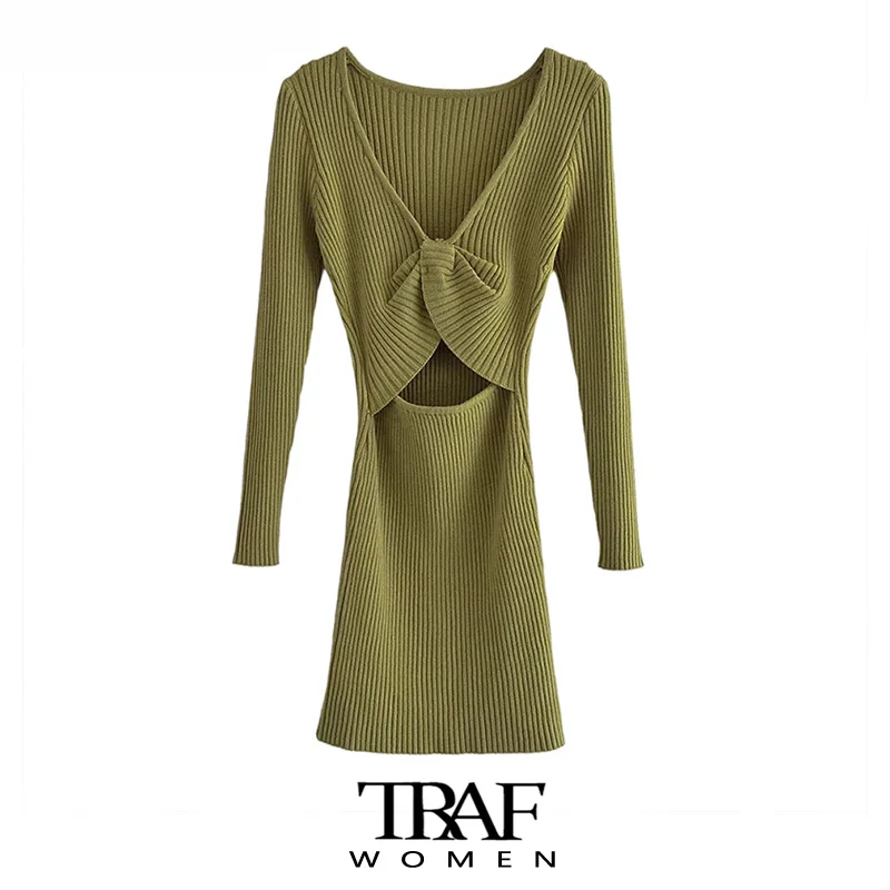 

Женское трикотажное мини-платье с бантом, длинным рукавом и V-образным вырезом