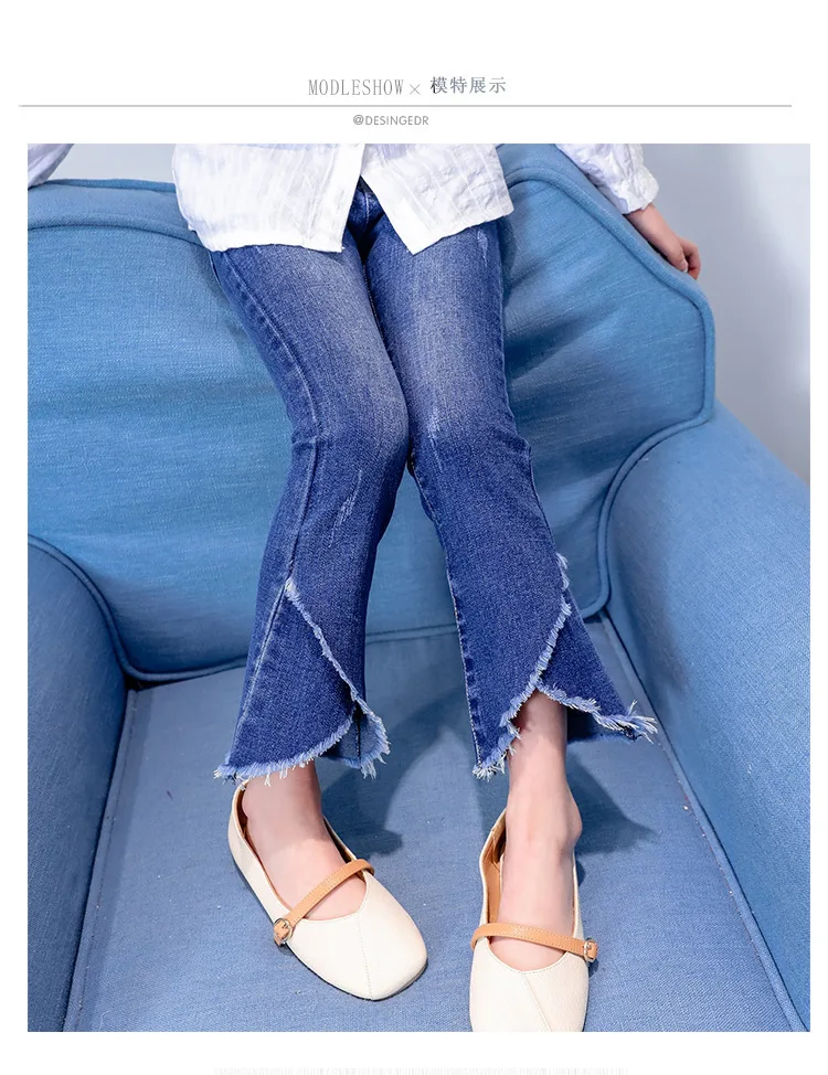 Джинсы для девочек осень 2019 г. Новые Стильные Детские расклешенные штаны модные