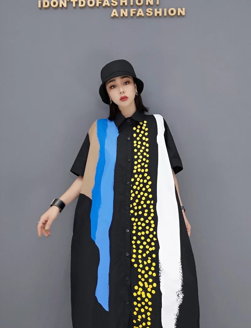 

Vefadisa Black White Summer Women Striped Dress 2021 Fashion Temperament Long Dress Stitching Color Female Dress Loose QYF5955