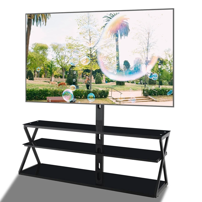 Swivel Height Adjustable Glass Floor Tv Stand With Mount