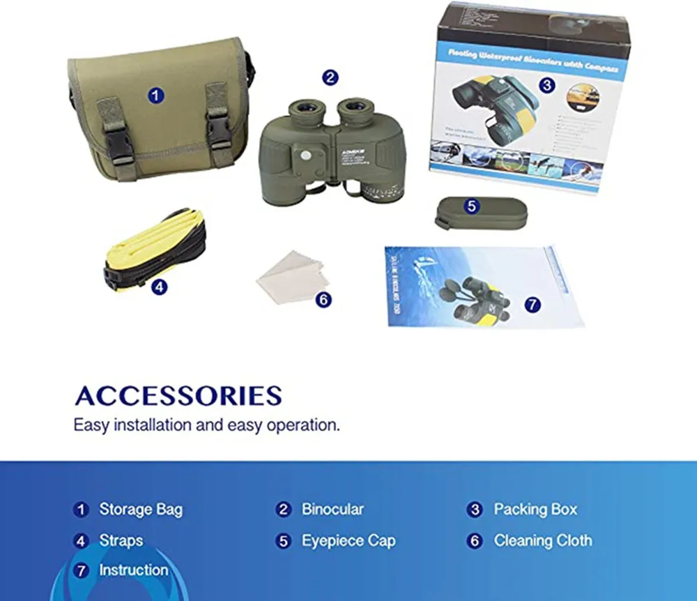 

Binoculars for Adults 7X50 Marine Military Binoculars Waterproof Fogproof with Compass Rangefinder BAK4 Prism Lens for Hunting