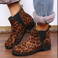leopard print womens ankle boots retro flat ankle boots thick soled square heel boots ladies autumn flat boots large size 35 43