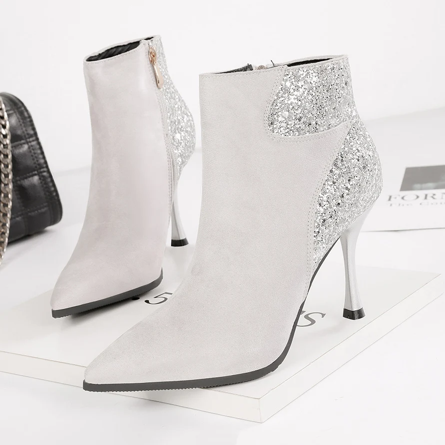 2019 г. женские ботильоны из флока с блестками пикантные эластичные ботинки на