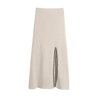 women 2021 fashion with stitching side vents knit skirt vintage elegant high elastic waist knitted midi female skirts mujer