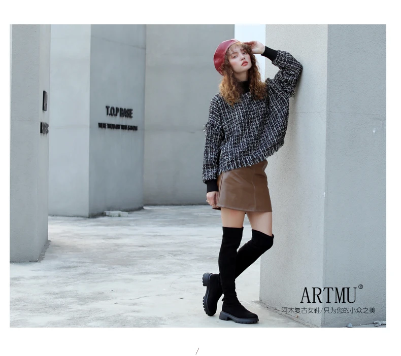 Artmu Original Women Boots Over-the-knee Butterfly Thick Bottom Elastic Boots Thin Boots Handmade High Boots New Black 9013