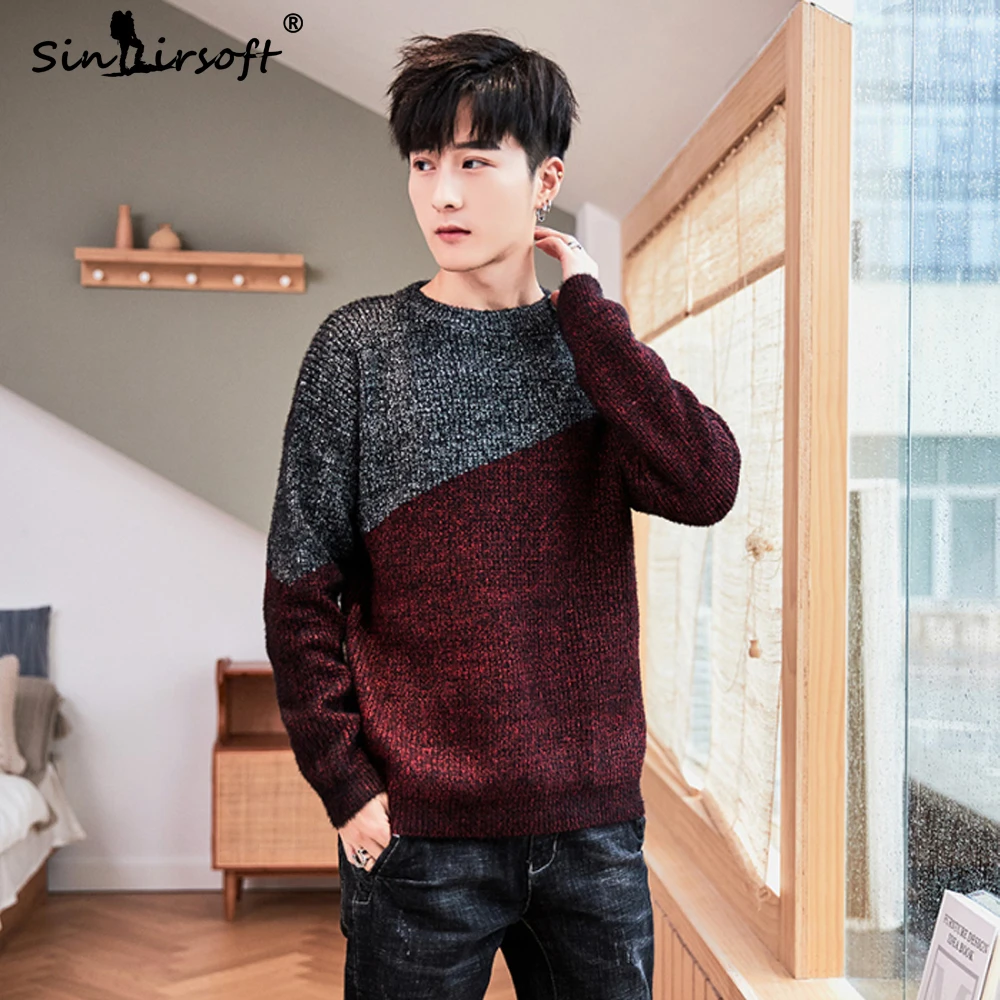 Пуловер с круглым вырезом в консервативном стиле мужской вязаный свитер пэчворк