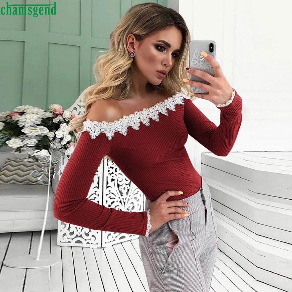 Женская блузка с вырезом лодочкой Chamsgend кружевная Однотонная рубашка без