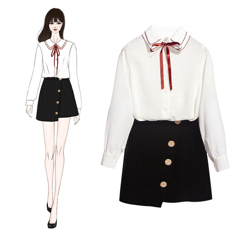 

Женский костюм из двух предметов, белая рубашка с длинным рукавом и бантом-бабочкой и двойной юбка средней длины, костюм в Корейском стиле н...