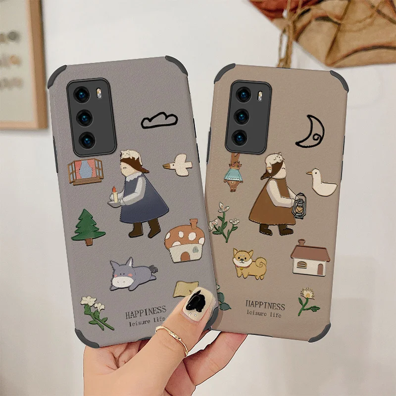 

Retro Girl Phone Case For Huawei P40 P30 P20 Pro Lite Mate 40 30 20 Pro lite 20X Y7a P Smart 2021 Lambskin Cover