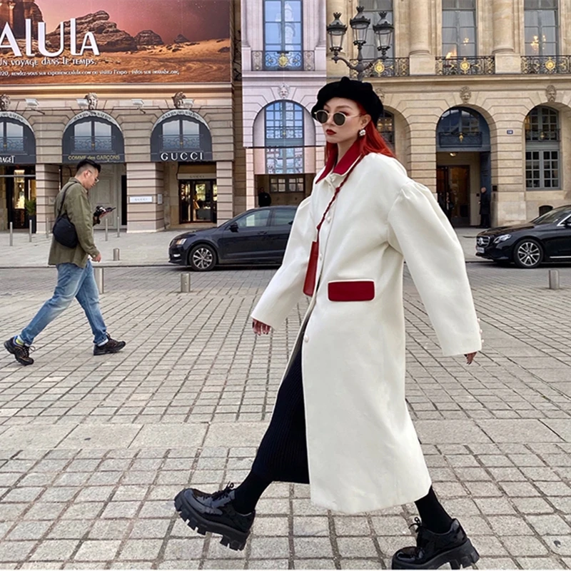

Female Retro Woolen Long Coat Section Autumn and Winter 2021 New Wild Casual Loose Slim Slimming Over the Knee Coat Trench Coat