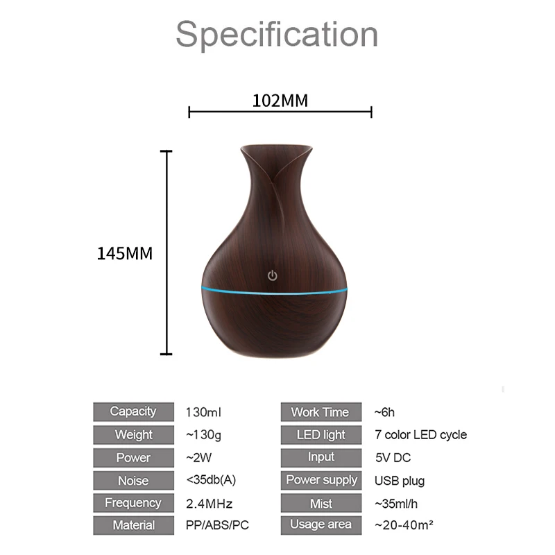 

Electric Aroma air diffuser wood grain air humidifier Touch Switch Humidifier Essential Oil Diffuser with 7 color light for home