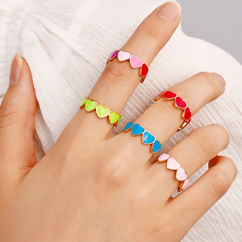 

Multicolor Enamel Heart Chain Rings for Women Sweet Pink Dripping Oil Geometric Metal Rings Ins Korean Charms Wholesale Jewelry