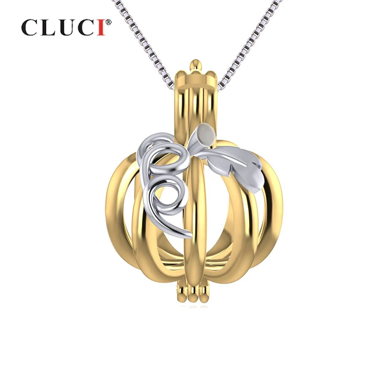

CLUCI 925 Sterling Silver Pendant Gold Color Pumpkin Pearl Cage Locket Pendant for Necklace For Women Halloween Gift SC319SB