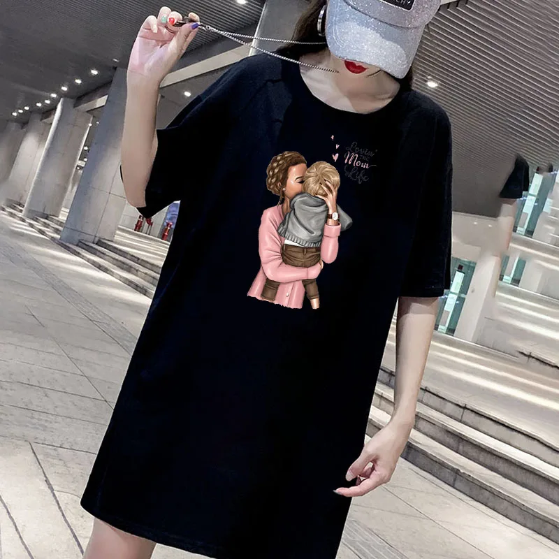 

Dress Mom Print Mini Women Loose Summer T-Shirt Dresses Korean Short Sleeve Streetwear Casual Pullover Dress Robes