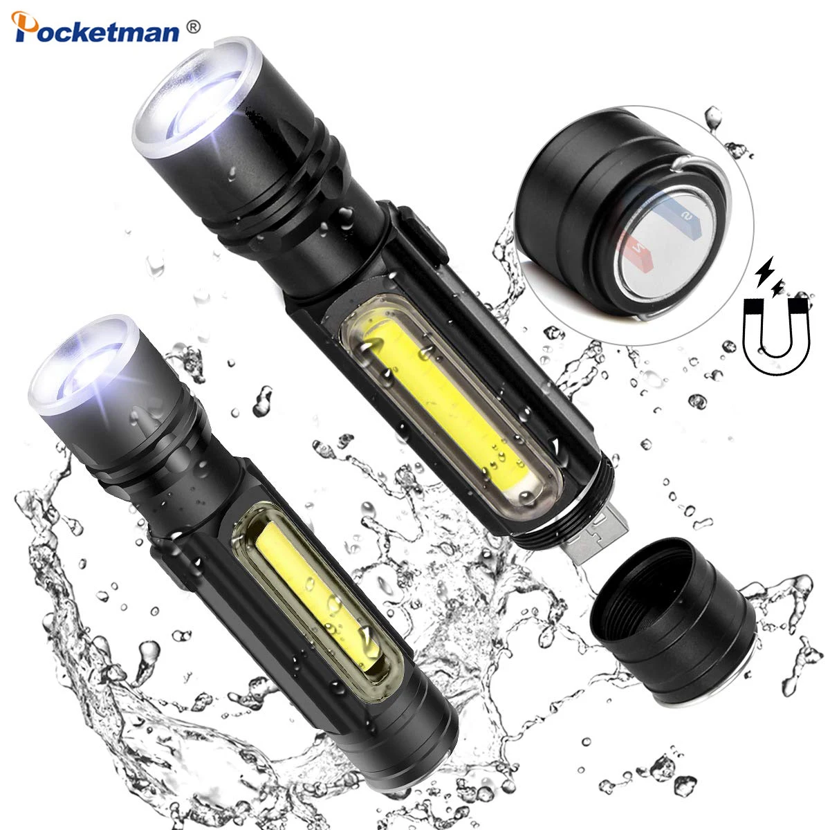 

Multifunctional LED Flashlight USB Rechargeable Powerful T6 torch Side COB Light lantern Work light Fish
