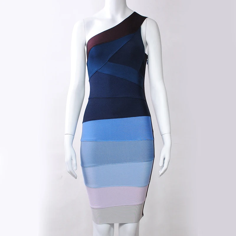 

Women Blue Bandage Dress Bodycon Summer Sexy Elegant One Shoulder Strapless Celebrity Runway Party Mini Short Dresses