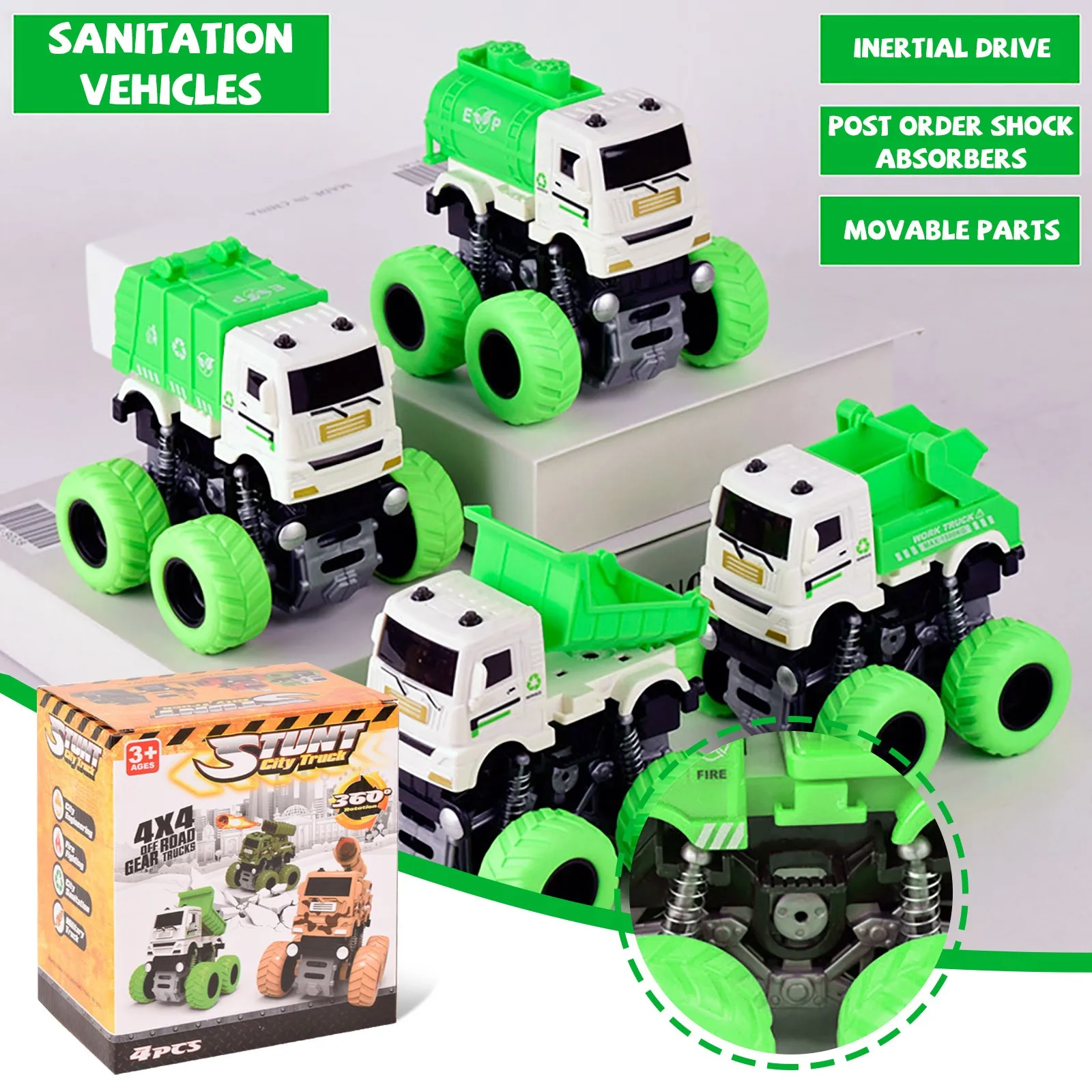 Набор из 4 шт. автомобиль игрушки Зеленый мусоровоз с рисунком пуш ап Go грузовик