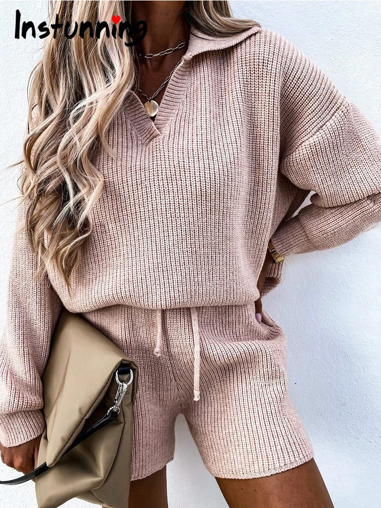 

Instunning Women Two Pieces Set Casual Turn Down Collar Sweater Matching Drawstring Shorts Basic Cotton Streetwear Female Suit