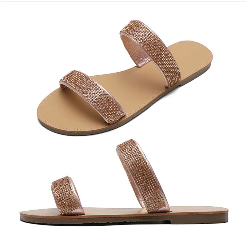 Женские туфли с кристаллами на плоской подошве блестящие шлепанцы для стриптиза