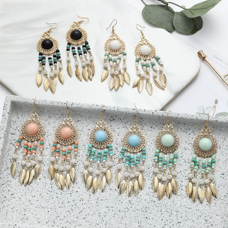 

Retro Women's Big Bohemian Jhumka Earrings Indian Jewelry Water Drop Shape Palace Bells Beads Dangle Earrings