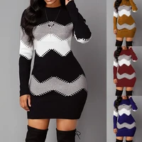 womens 2022 new fashion knitted mini multicolor dress fashion striped casual long sleeve knitted sweater wrapped pencil skirt