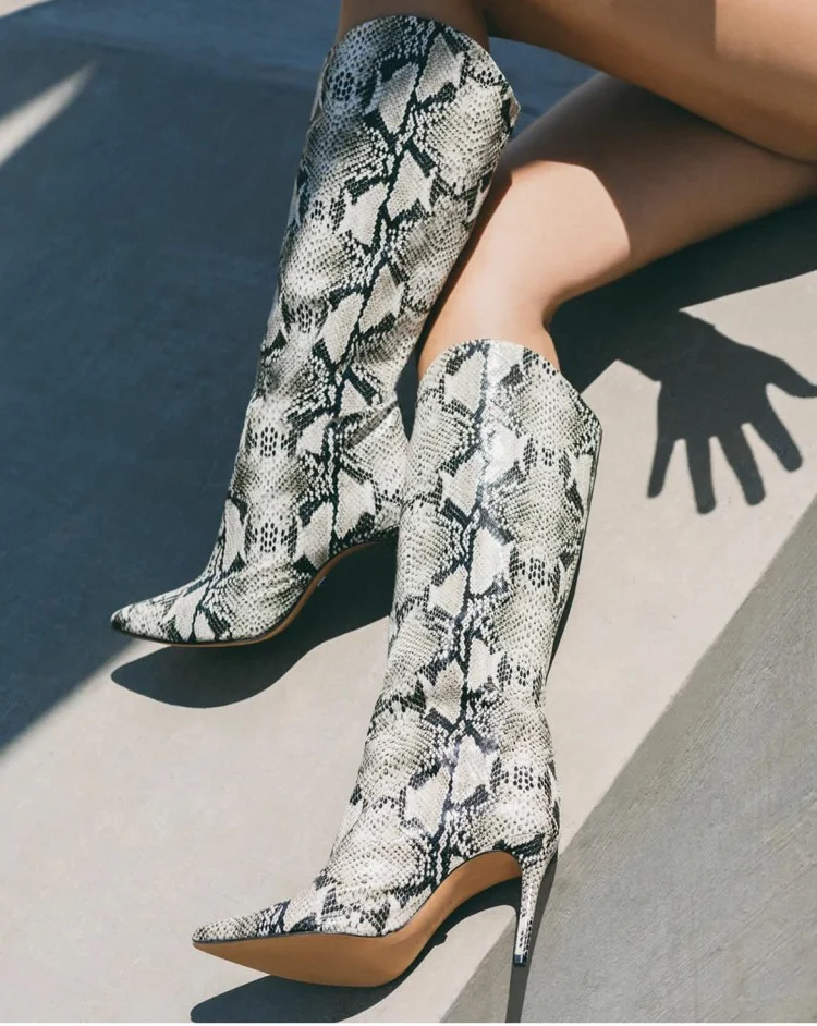 

Snakeskin Knee High Boots, Elegant Black/Red Stiletto Heel Shoes, Runway Women Shoes, Party Shoes, Leather Pointed Toe Boots 202