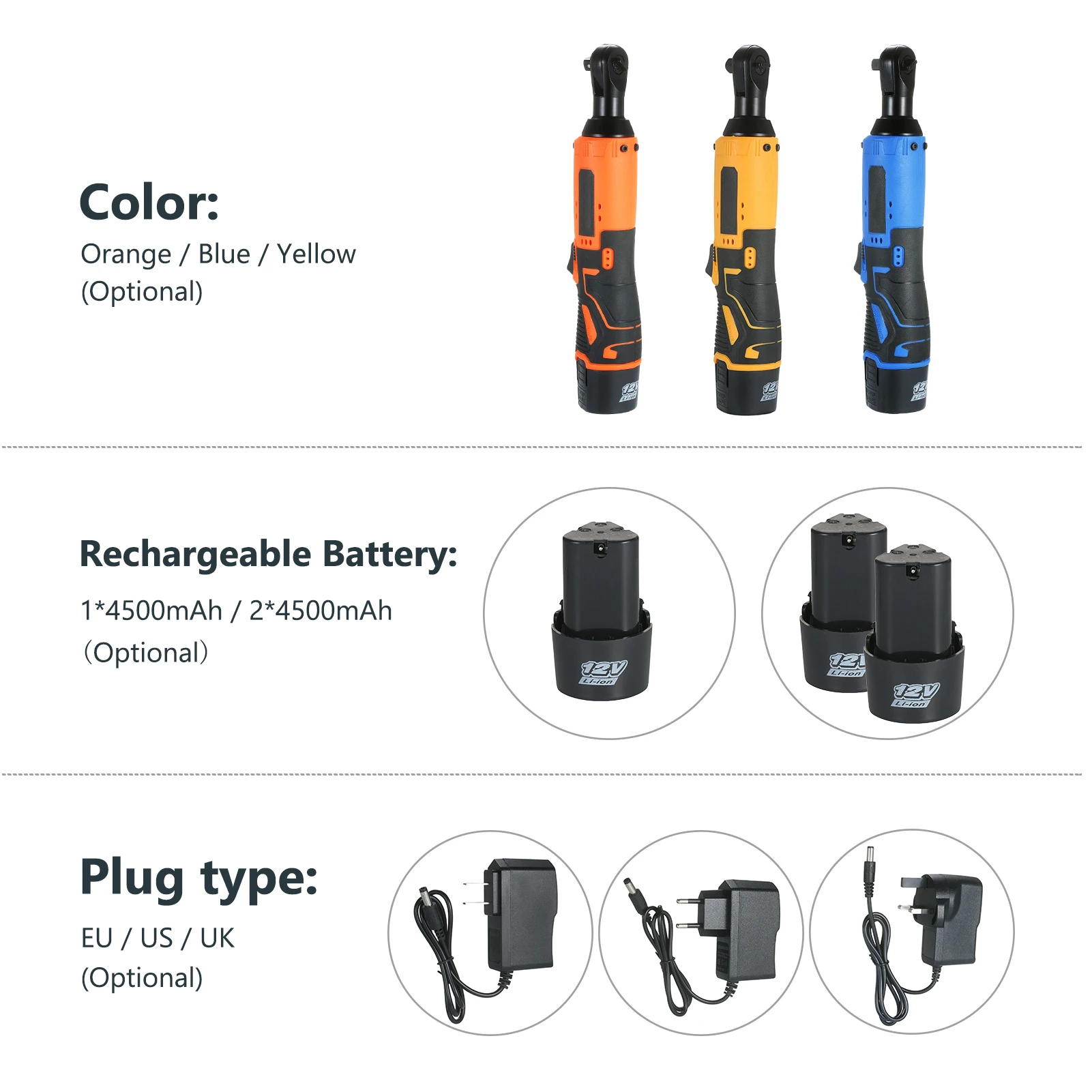 

KKmoon Cordless Electric Wrench 12V Power Ratchet Wrench Ratcheting Socket Wrench with 1/2 PCS 4500mAh Rechargeable Battery