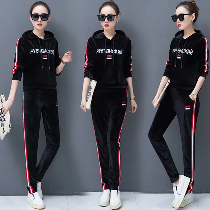 Осенний Бархатный комплект с капюшоном Женский из 2 предметов толстовка в