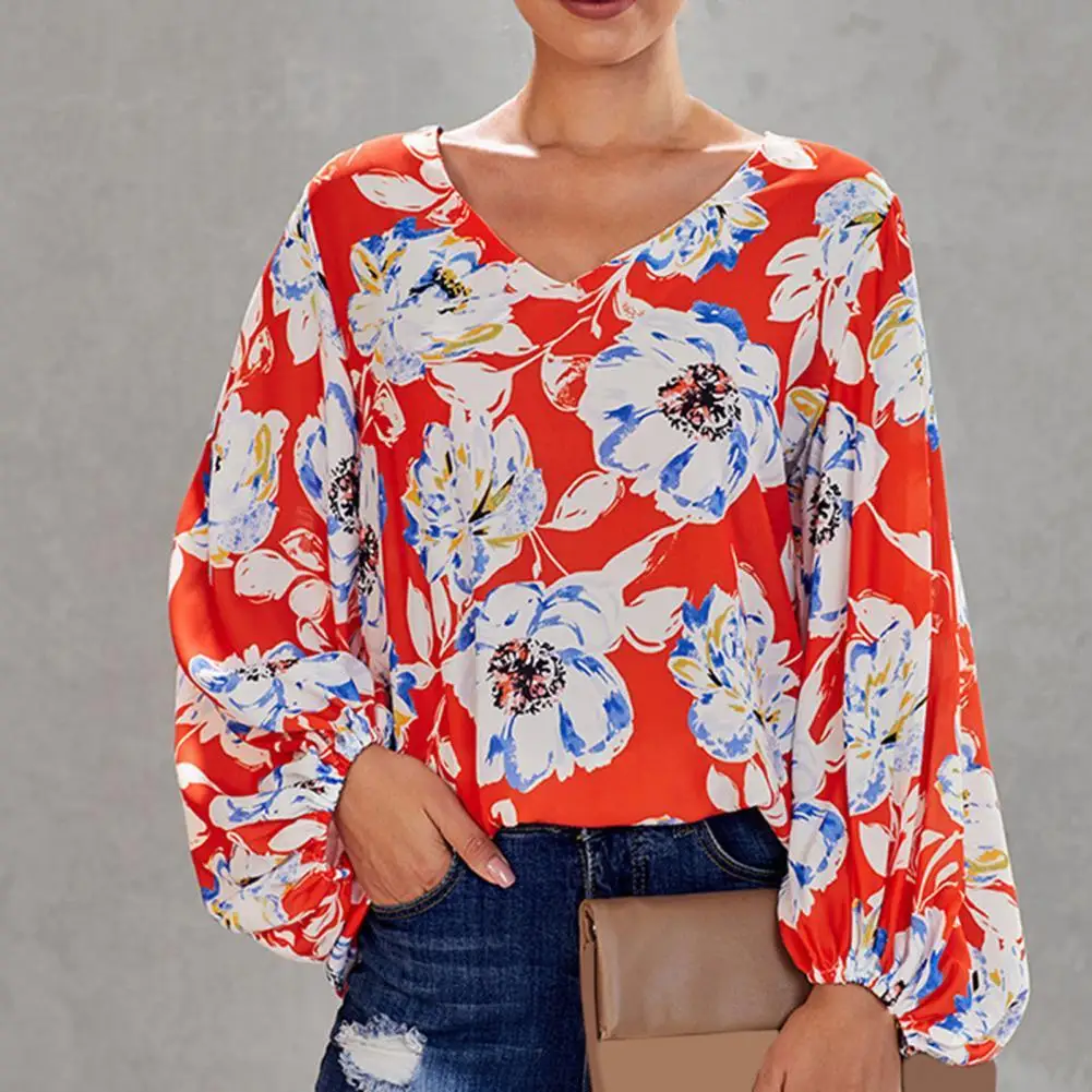 

Female Streewear Oversized Tops Blusa Summer V Neck Long Lantern Sleeve Blouse Casual Women Printing Loose Elegant Shirts