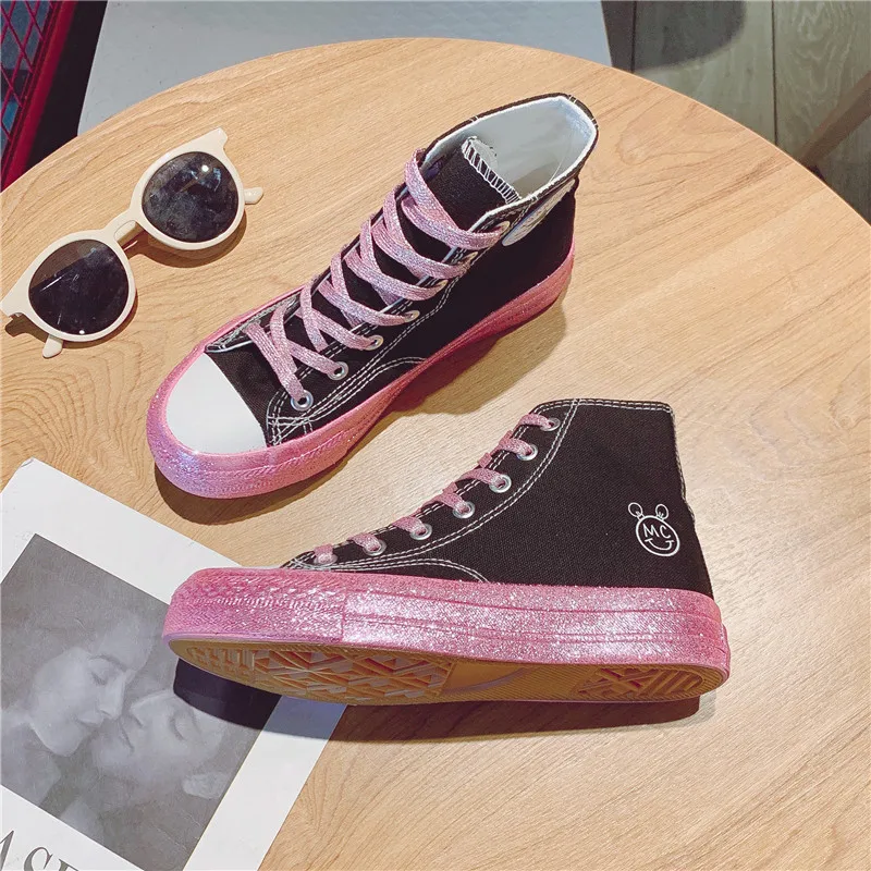 

2021 Spring Classic Women Canvas Shoes Casual Shining Pink High Top Sneakers Outdoor Footwear Vulcanized Shoes Ladies Flats