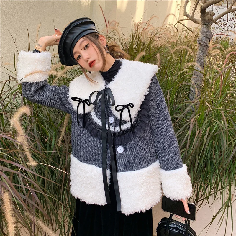 

French Detachable Shawl Doll Collar Tweed Coat Splicing Plush Coat Winter