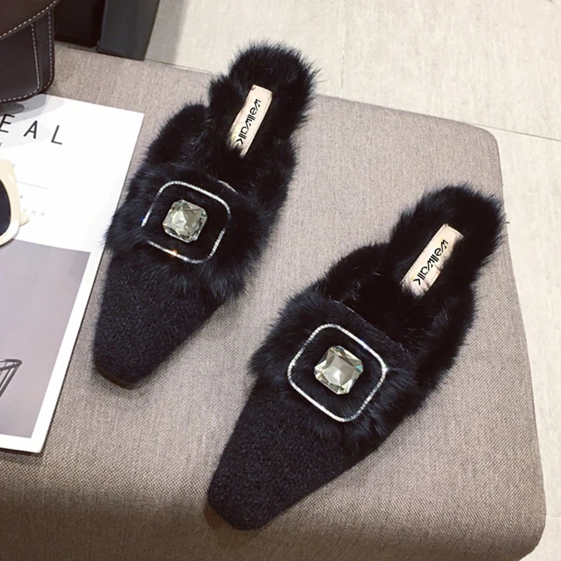 Pink Fur Shoes Women Heels Slippers Unicorn Rhinestone Decoration Female Winter Mules Block Heel Slides Plush Chic Gothic Style | Обувь