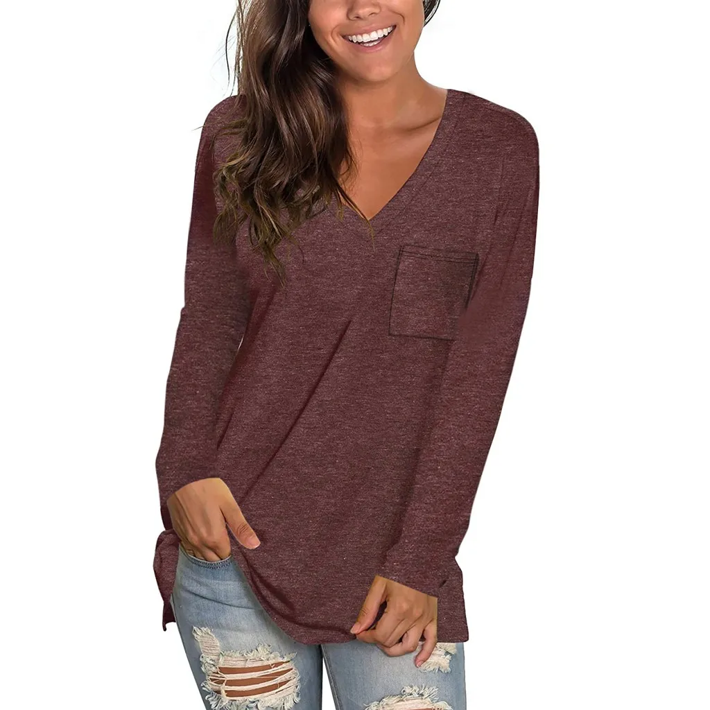 

Fashion Solid Basic Blouse Shirt Pocket V-Neck Tops Casual Autumn Winter Top Ladies Female Women Long Sleeve Blusas Pullover