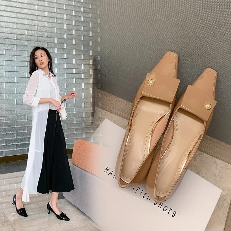 

Noble Genuine Leather Women Shoes 2021 Spring Fashion High Quality Comfort Shallow Pumps Black Med Heels Stiletto Shoes Size 43