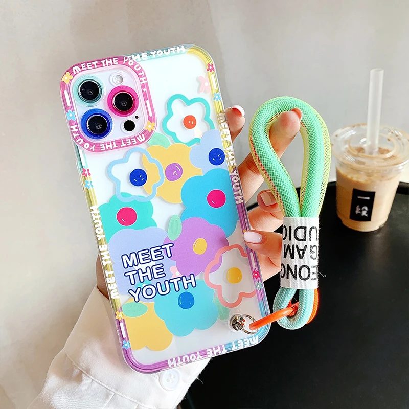 Colorful Flowers Smile Strap Lanyard Phone Case For iPhone 14 Pro Max 13 12 11 X XS XR 7 8 Plus Cute Fashion Transparent Cover